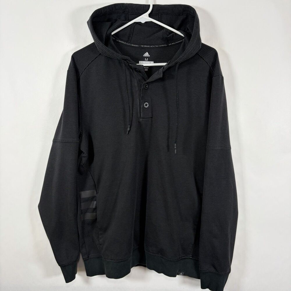 Adidas Adicross Henley Hoodie Mens Size Medium Black Gray Striped Drawstring